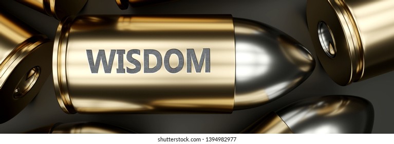 Wisdom as a killer feature, main trait and most important attribute - power of wisdom pictured as a 3d render of a metal bullet with engraved English word, 3d illustration