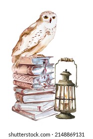 Wise owl sits on a book stack at a vintage lantern. Books concept illustration.Fairytale themed design. Vintage library clipart isolated on white.