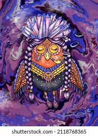 Wise shamanic owl with closed eyes in space illustration with colorful bakground