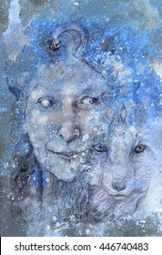Wise shamanic woman forest goddess, blue winter version