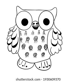 Wise young owl with big eyes black lines