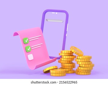 Wishlist with search bar on smartphone screen and stack gold coins on purple background. Online purchase in mobile app. Personal favourites list, gift and shopping list. Cartoon 3d render illustration