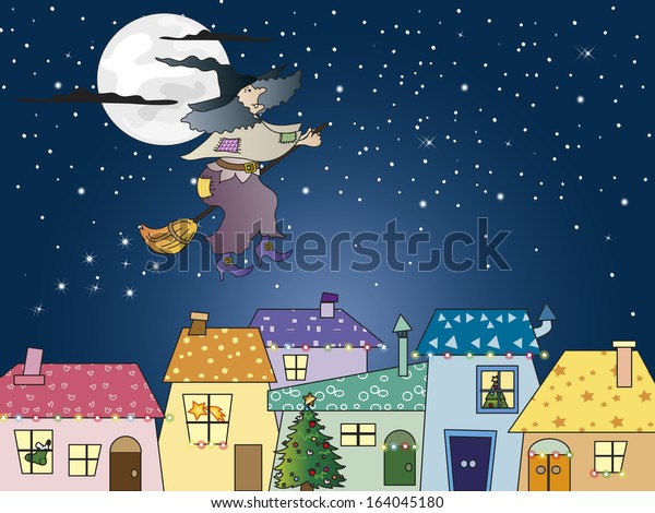 Witch Blue Sky On City Stock Illustration