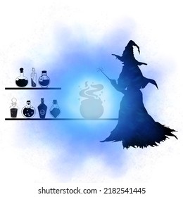 Witch Boiling Potion In Cauldron Silhouette