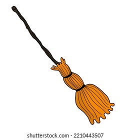 Witch Broom Object As An Old Magical Besom For A Wicked Wizard Use As Halloween Design Element Isolated On White Background With Clipping Path. Broomstick In Cartoon Hand Drawn Style.