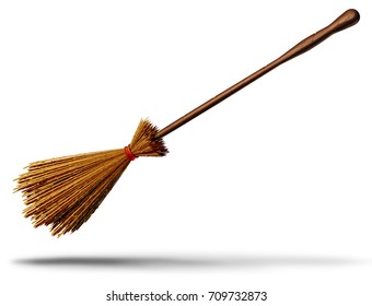 Witch broom object as an old magical besom for a wicked wizard as a halloween graphic element 3D illustration.
