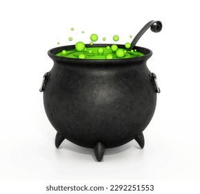 Witch cauldron full of green bubbling liquid isolated on white background. 3D illustration.
