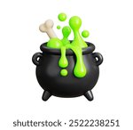 Witch cauldron with green potion of poison isolated. Happy Halloween Day decoration icon. 3D Render Illustration.