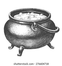 Witch cauldron with potion on a white background