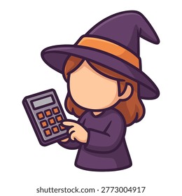 Witch character using calculator flat vector illustration