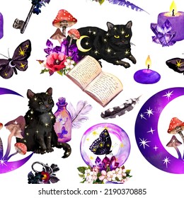 Witch Craft Seamless Pattern. Watercolor Black Cats, Butterflies, Moon, Candle, Mushrooms, Spell Book, Glass Ball And Other Magic Witchcraft. Repeated Mystic Background