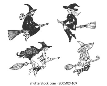 witch fly on a broom collection set line art sketch engraving raster illustration. T-shirt apparel print design. Scratch board imitation. Black and white hand drawn image.