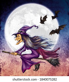 Witch Flying Broom Front Moon Stock Illustration 1840075282 | Shutterstock