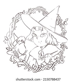 Witch With Frog, Line Drawing