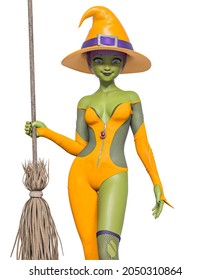 Witch Girl Is Standing Up For Halloween And Holding Up A Broom,3d Illustration