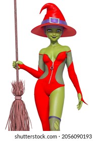 Witch Girl Is Standing Up For Halloween And Holding Up A Broom,3d Illustration