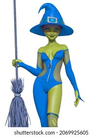 Witch Girl Is Standing Up For Halloween And Holding Up A Broom,3d Illustration