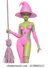 Witch Girl Is Standing Up For Halloween And Holding Up A Broom,3d Illustration