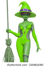 Witch Girl Is Standing Up For Halloween And Holding Up A Broom,3d Illustration