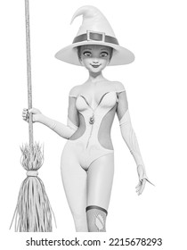 Witch Girl Is Standing Up For Halloween And Holding Up A Broom,3d Illustration