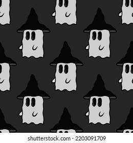 Witch hat cute little halloween ghost kawaii wallpaper seamless pattern background