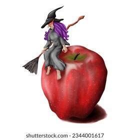 Witch with magic broom and red apple on transparent background. Hand drawn Illustration elements in halloween costumes