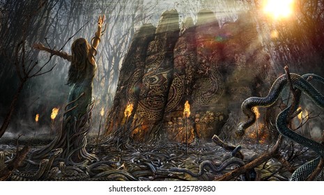 A Witch Performing A Ritual With Snakes And Celtic Symbols