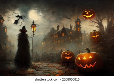 A witch in a scary town with a pointy hat from the back, standing in a halloween landscape, pumpkins with glowing eyes and smiling, mist, dark background, bats flying, old haunted house. Painting - Powered by Shutterstock