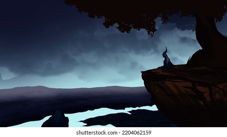 A Witch Sit Alone On The Top Of The Mountain Horizon View Of Village Digital Art ,type Painting ,3d Illustration , High Definition  Wallpaper