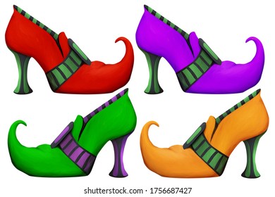 Witch Vintage Shoes. Halloween Clip Art Set On White Background