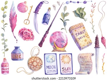 Witchcraft Inventory And Magical Objects Collection. Watercolor Hand Painted Magic Clipart On White Background. Tarot Cards, Magic Wand And Potion Bottles