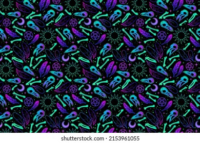 Witchcraft Seamless Pattern With Skulls And Bird Bones As Well As Magic Symbols