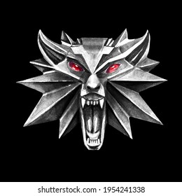 Witcher amulet. Monster Hunter Medal. Pendant wolf in a grin. Silver pendant watercolor drawing on a black background. Glowing eyes of a wolf.