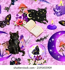 Witches Craft Seamless Pattern. Black Cats, Moon, Candle, Mushrooms, Spell Book, Glass Ball And Other Magic Witchcraft. Repeated Witch Esoteric Backdrop. Watercolor 