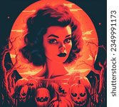 Witches and Sorceresses on Halloween: Enchanted Pumpkins, Night Magic Filled with Spells, All in a Beautiful Risograph Palette, Creating a Magical Atmosphere of Visual Art for the Holiday of Fear 