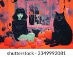 Witches and Sorceresses on Halloween: Enchanted Pumpkins, Night Magic Filled with Spells, All in a Beautiful Risograph Palette, Creating a Magical Atmosphere of Visual Art for the Holiday of Fear