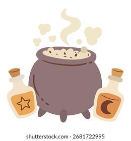 A Witch's Cauldron with Bubbling Potion and Bottles