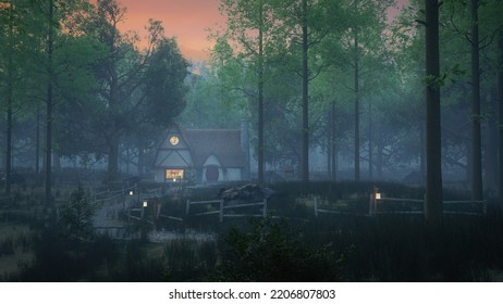 Witch's Cottage House In A Dark Forest. Halloween Concept 3D Illustration.