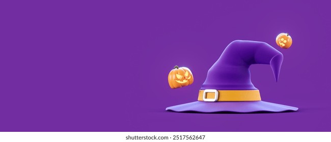 Witch's hat with two glowing pumpkins on a vibrant purple background. Halloween-themed 3D rendering concept illustration - Powered by Shutterstock