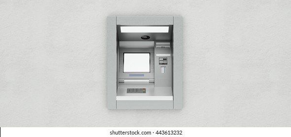 Withdrawing Money On ATM Teller Machine On A Bank Wall (3D Rendering)