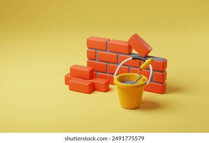 Witness transformation of brick wall construction work on yellow background. Ideal for projects related to architecture, development, and the construction industry. 3D render illustration  - Powered by Shutterstock