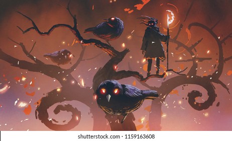 wizard of the black birds standing on an odd trees, digital art style, illustration painting