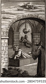 A wizard conjuring a man from his grave. Etching.. Vintage art illustration.