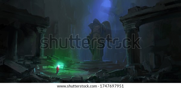 Wizard in the dark\
dungeon, digital\
painting.