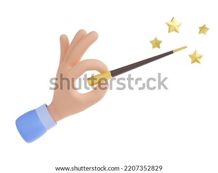 Wizard hand hold magic wand with golden stars. Icon of miracle, imagination, illusion or spell with human arm with magician stick, 3d render illustration isolated on white background. 3D Illustration