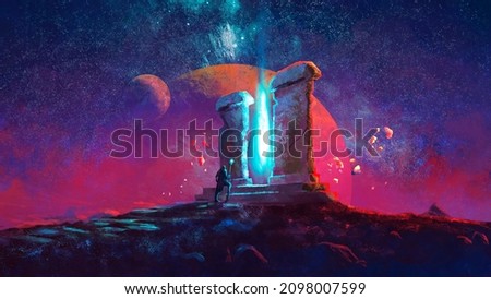 The wizard has opened a portal to another world and enters the gate. In the background space and the planet with a satellite. 2D illustration