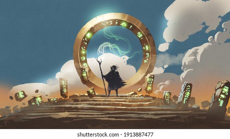 The Wizard Holds His Wand Standing At The Circle Gate, Digital Art Style, Illustration Painting