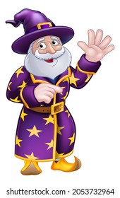 A Wizard Merlin Magician Halloween Cartoon Character Pointing