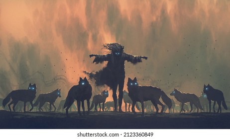 The wizard standing among his demonic wolves, digital art style, illustration painting