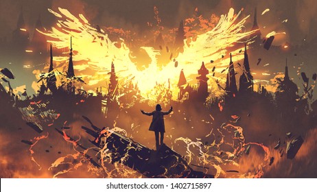 wizard summoning the phoenix from hell, digital art style, illustration painting